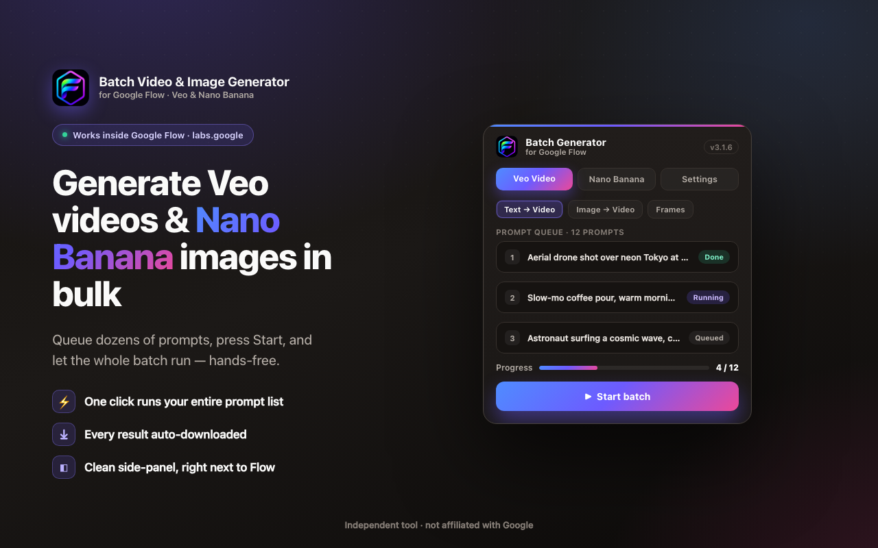 Flow Automation — batch Veo videos & Nano Banana images on Google Flow